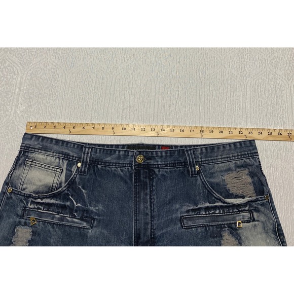 Makobi‎ Distressed Denim Shorts Mens Size 46 Blue Moto Biker Jorts Shredded - Picture 8 of 12